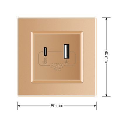 Розетка USB-A и USB-C 36W Livolo золотой стекло (VL-C7FCUA18W.UC18W-2AP)