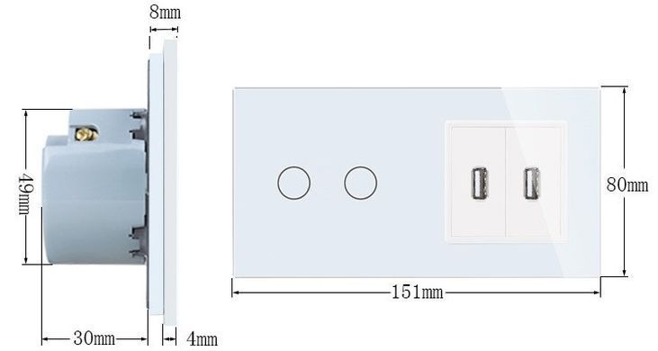Сенсорный выключатель Livolo с USB розеткой белый стекло (VL-C701/2USB-11)