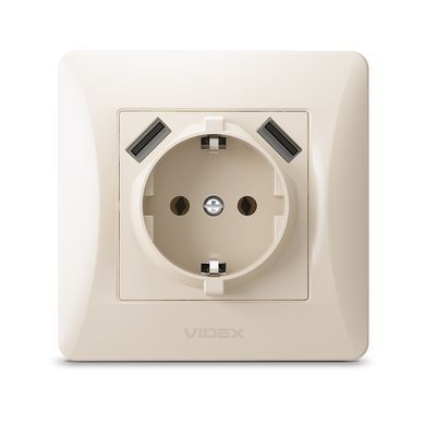 VIDEX BINERA Розетка одинарна із заземленням та 2USB кремова