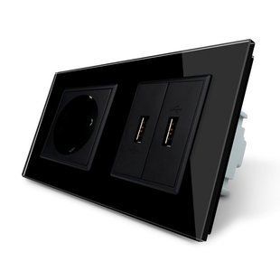 Розетка з заземленням з 2 USB розетками Livolo чорний скло (VL-C7C1EU2USB-12)