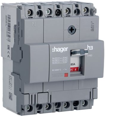 Автоматичний вимикач h160 4-полюса 18kA 80A Hager HDA081L